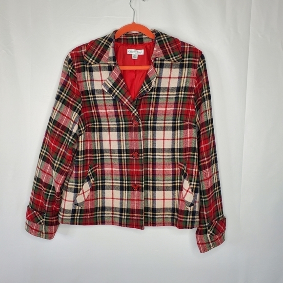Wool Blend Plaid Jacket Size 14 Lined Cropped Tartan Blazer Festive Academia - Picture 15 of 15